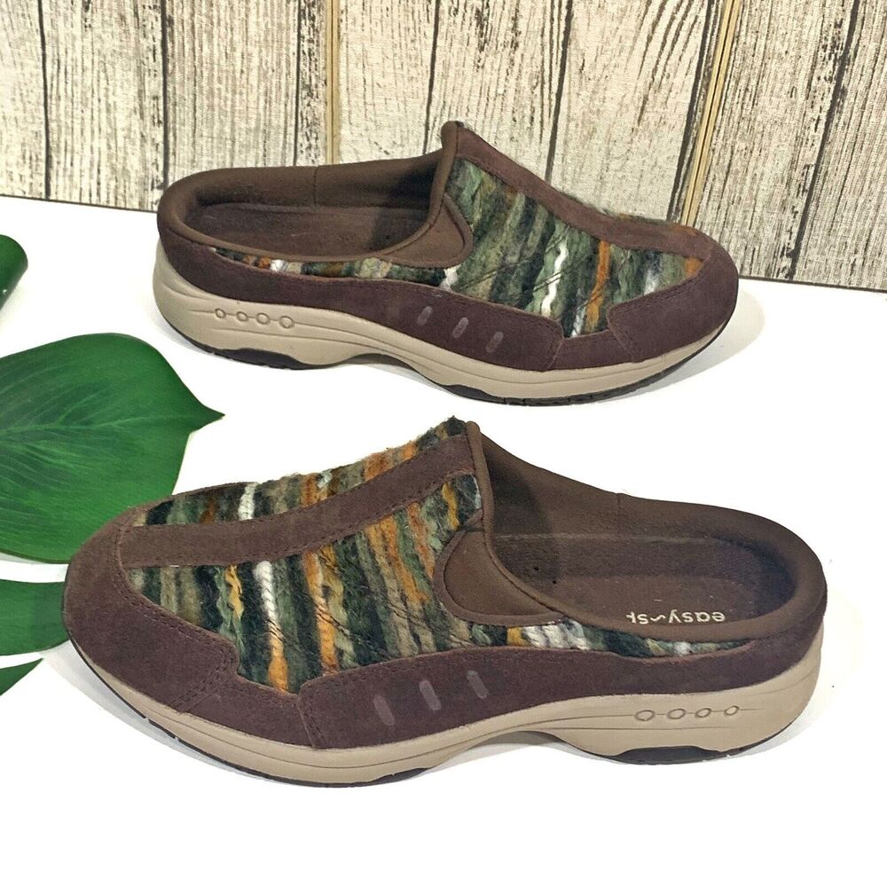 Easy Spirit Leather Brown Green Comfort Clogs Mules Gym Shoes Size 6 Women